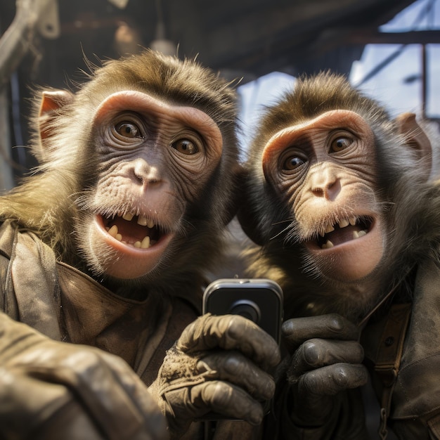 Photo monkeys portrait with sunglasses funny animals in a group together looking at the camera wearing clothes having fun together taking a selfie an unusual moment full of fun fashion consciousness