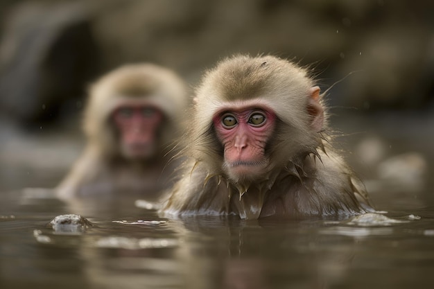 Monkeys sitting in a hot water spring