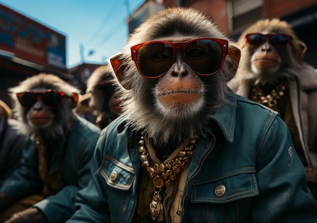 太陽眼鏡とジャケットを着た猿が楽しくてスタイリッシュなグループ写真のためにポーズをとっています太陽眼鏡やジャケットをかぶった猿のグループ