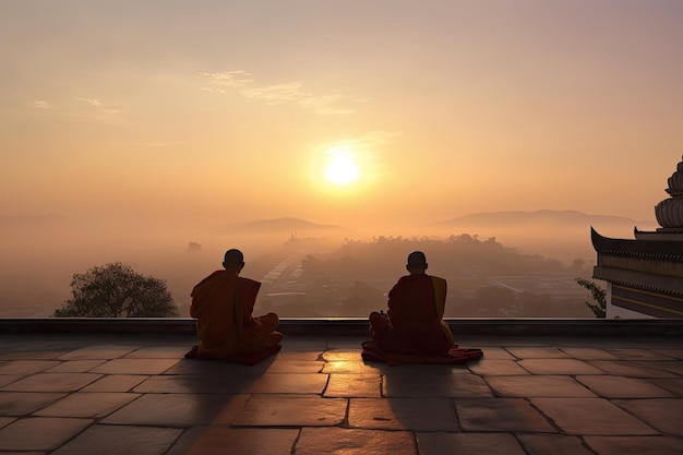 Monks meditating in quiet courtyard with view of the sunrise