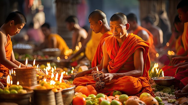 monks in orange robes sit in a temple.