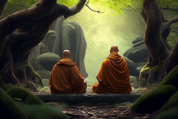 Foto monaci seduti in una foresta con un albero sullo sfondo.