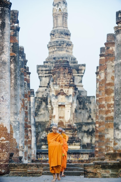 Monks wearing traditional clothing standing in row at temple