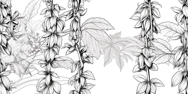 monkshood aconitum flowers in black and white colors Coloring relaxing book