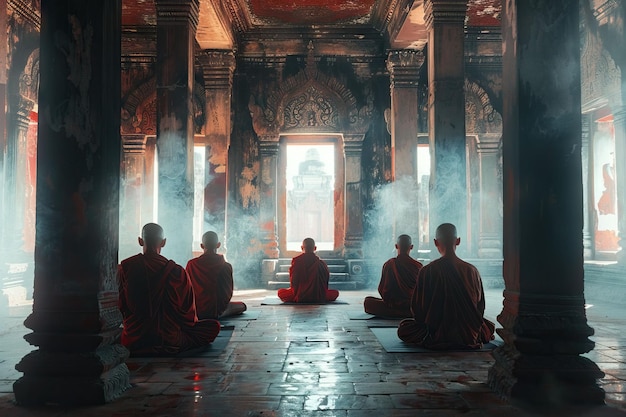Monniken mediteren in tempels Monniken