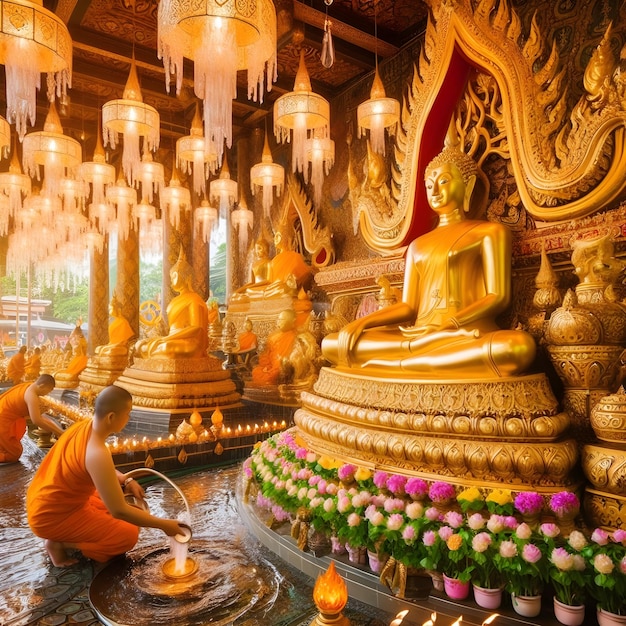 monniken zitten in een tempel met een standbeeld van Boeddha