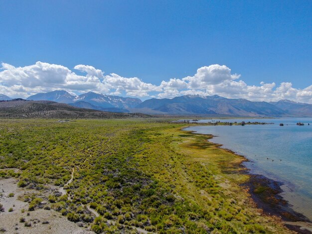 Mono Lake with tufa rock formations during summer season Mono County California US