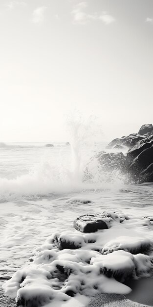 Photo monochromatic aerial view photography of a rocky beach in winter