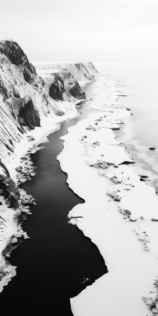 Photo monochromatic aerial view winter badlands and rocky beach