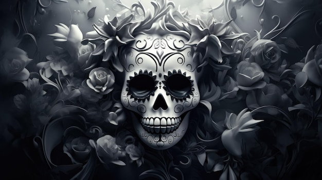 a monochromatic background in shades of gray with intricate sugar skull patterns