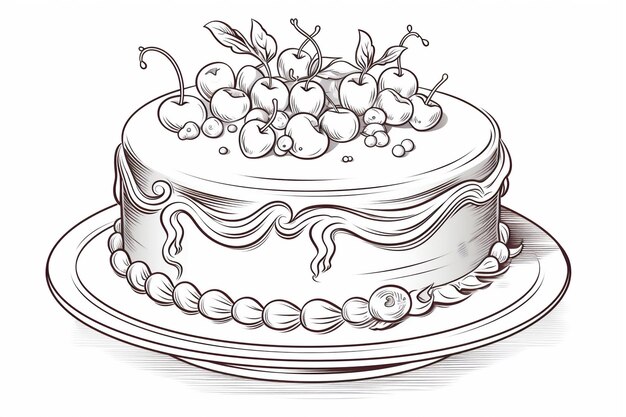 A monochromatic drawing presents a cake topped with cherries set on a detailed platter This image is suitable for baking guides or culinary art demonstrations