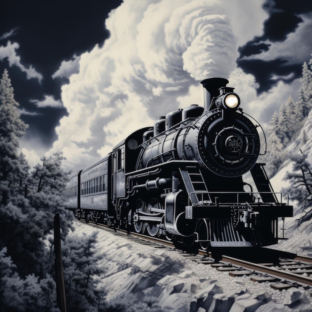 Монохромная иллюстрация старинного поезда, созданная ИИ