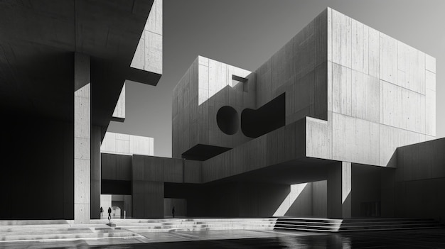 Monochromatic image of a modern brutalist architecture structure