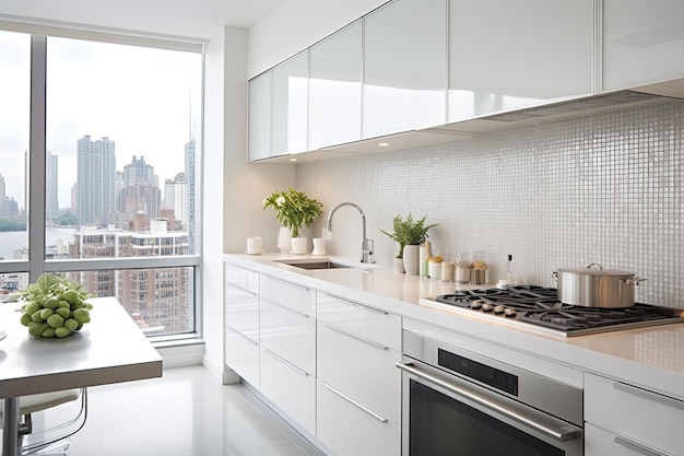 Monochromatic kitchen with crisp white walls and cabinets White quartz countertops city view from window