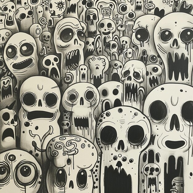 Photo monochromatic parade of expressive skulls and ghostly faces