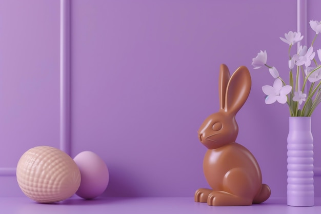 A monochromatic purple scene with a chocolate bunny a textured egg and a vase of white flowers