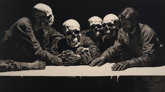 Photo monochromatic realism four skulls on table