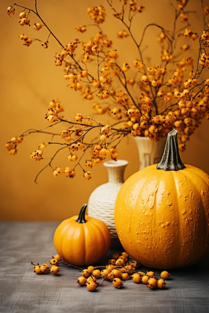 Photo a monochromatic still life illustration showcasing pumpkins and leaves in a single color palette fall vibes composition