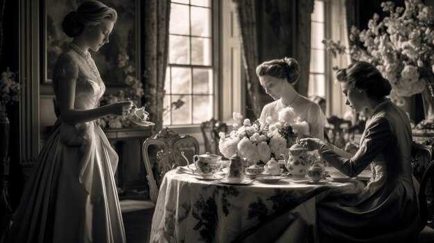 Монохроматические девушки чаепития пьют чай в великолепной гостиной.