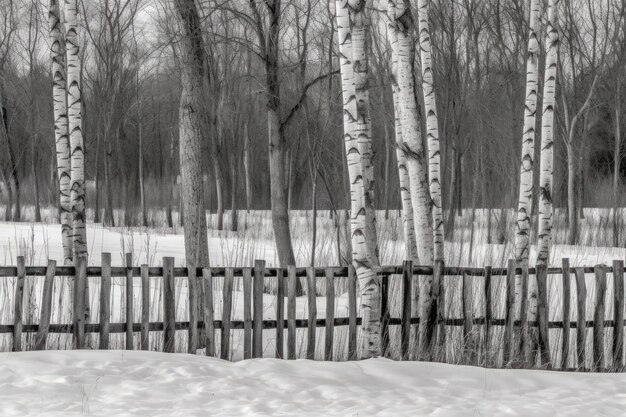 Monochromatic view of a wooden fence with trees in the background Generative AI