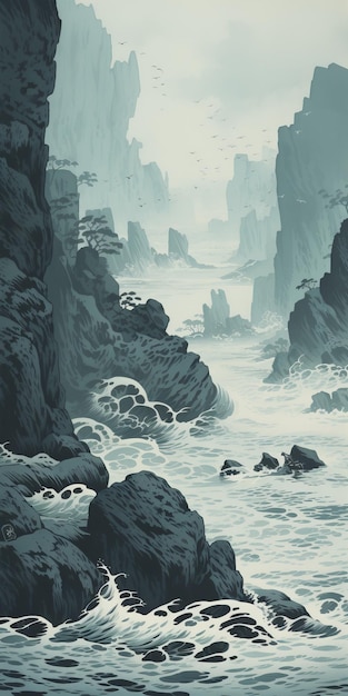 古代中国美術様式の単色の水色の風景の洞窟海岸線