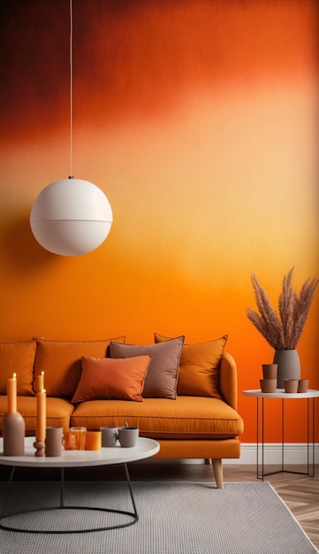 Foto monochromatisch oranje kleurverloopbehang geplakt op de accentmuur van een woonkamer