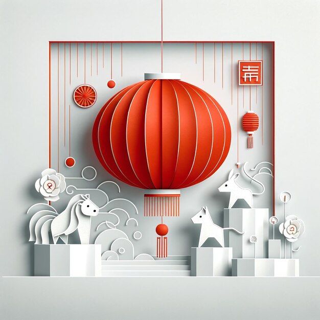 monochromatische Lunar New Year scène volledig gemaakt van papier