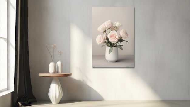 Monochromatische rozen in vaas Canvas Art voor woonkamermuur