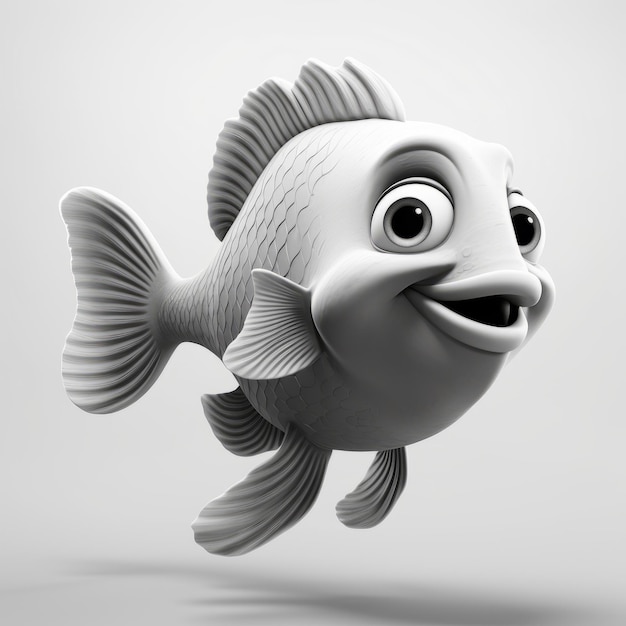 Monochrome 3d Model Of Playful Caricature Fish Flounder In Greyscale