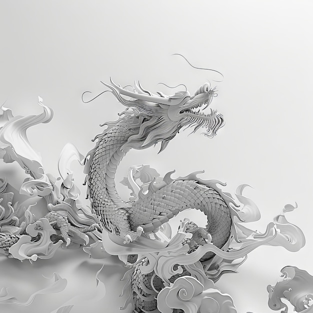 Foto rendering 3d monocromatico di un drago mitico in postura di serpente