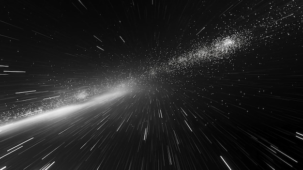 Monochrome afbeelding van een sterrenveld met bewegingsvaagheid die hyperspace of warpsnelheid simuleert