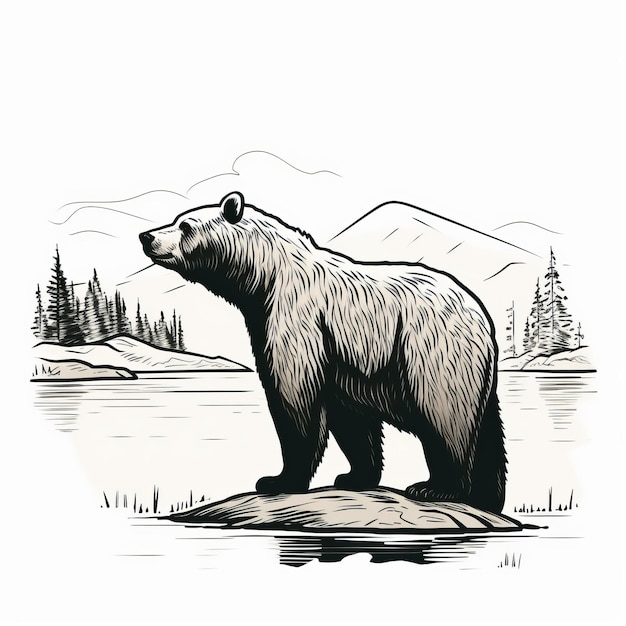 Monochrome Bear Illustration Sublime Wilderness In Bold Traditional Style