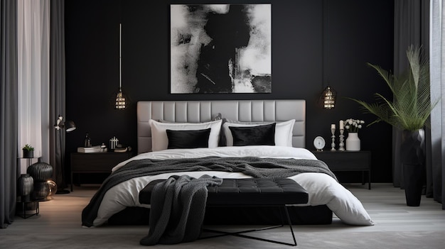 Monochrome bedroom with a statement wall