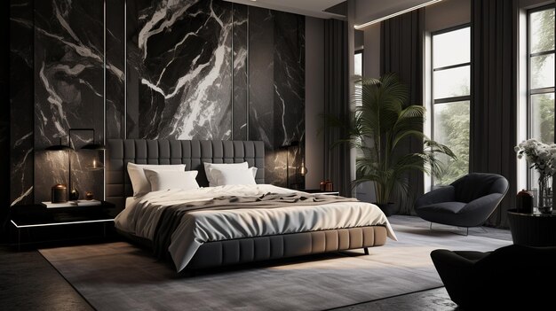 Monochrome bedroom with a statement wall