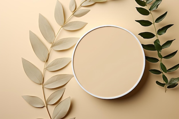 Monochrome beige background for cosmetics presentation with leaf and circle branding