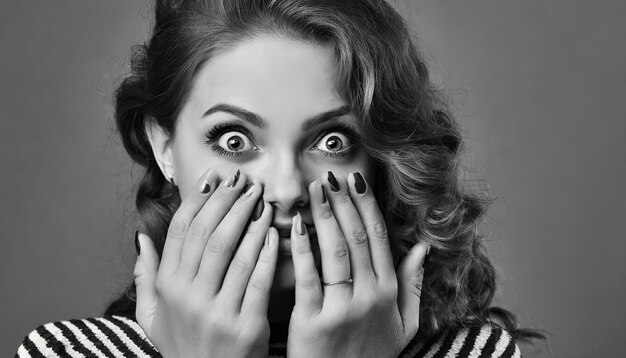 Photo monochrome black white afraid shocked scared woman cover face with hands astonished terrified girl c