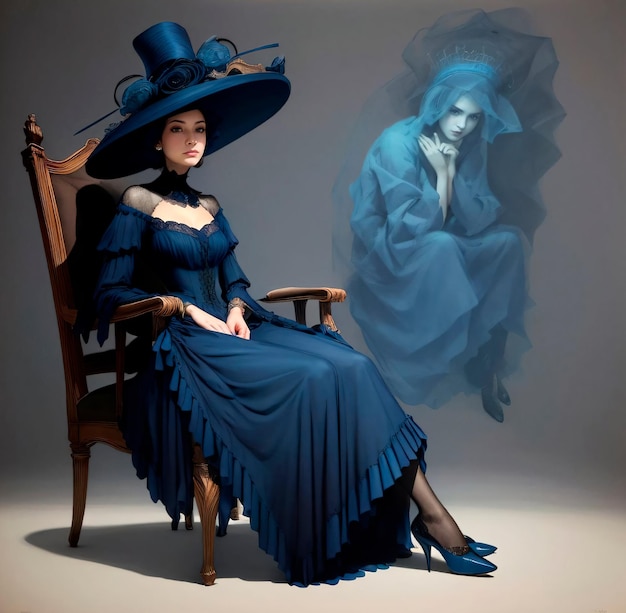 Monochrome blue vintage portrait of a ghostly lady wearing a hat in a haunted house
