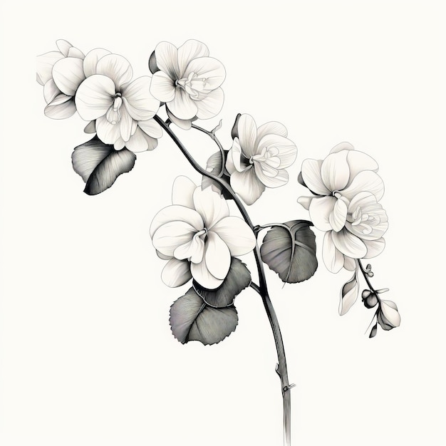 Monochrome Botanical Drawing Begonia With Long Stem And Simple Linear Design