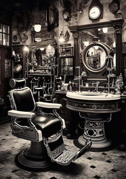 Монохромное изображение интерьера старой парикмахерской с парикмахерсским стулом в середине Generative Ai