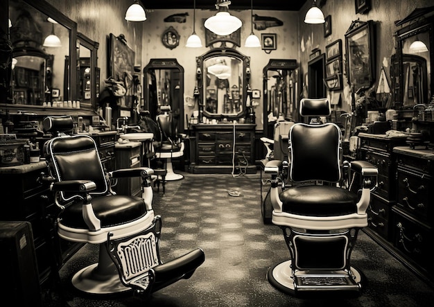 Photo monochrome capture of an old barber shop interior with a barber chair in the middle generative ai