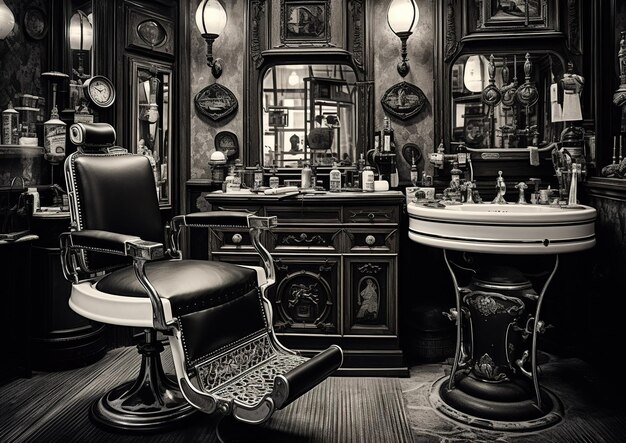 Monochrome Capture of an Old Barber Shop Interior with a Barber Chair in the Middle Generative Ai