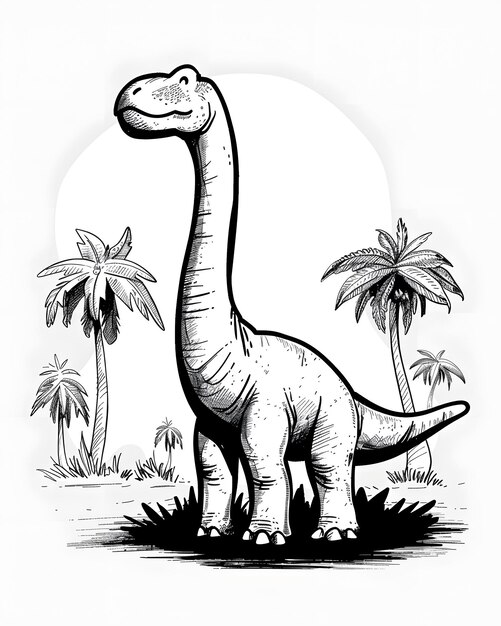 Monochrome cartoon of a dinosaur among palm trees in nature