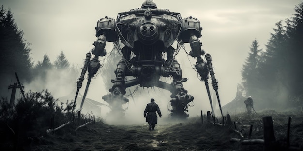 Photo the monochrome chronicles hd 4k ultra detailed bw photography capturing two steam powered robots