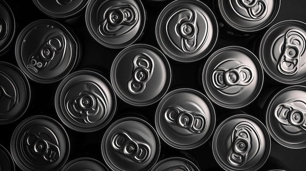 Photo monochrome color abstract pattern many soda drinks cans top view on dark background generative ai