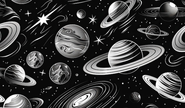 Monochrome cosmic pattern with planets and stars