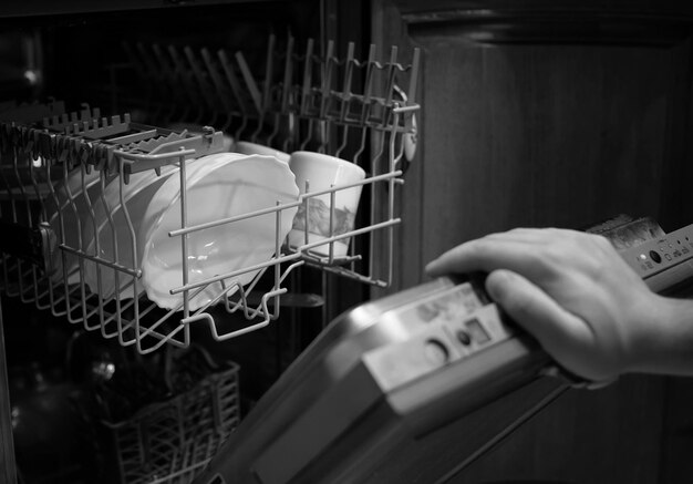 Photo monochrome dishwasher door open