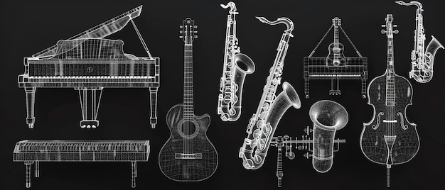 Monochrome Dot Display of Musical Instruments