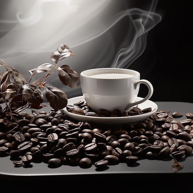 Monochrome elegantie dampende kop te midden van koffiebonen met dromerige overlicht en bovengrondse texturen