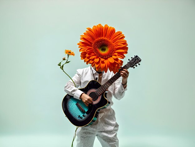 Photo a monochrome figure playing a guitar with their head artistically replaced by a vivid orange gerbera