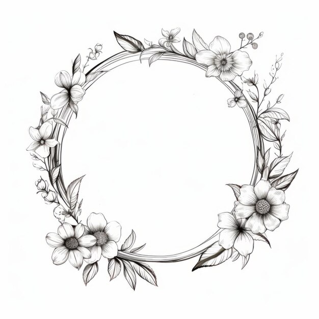 Monochrome Floral Round Frame Subtle Ink Wash Sketch Design